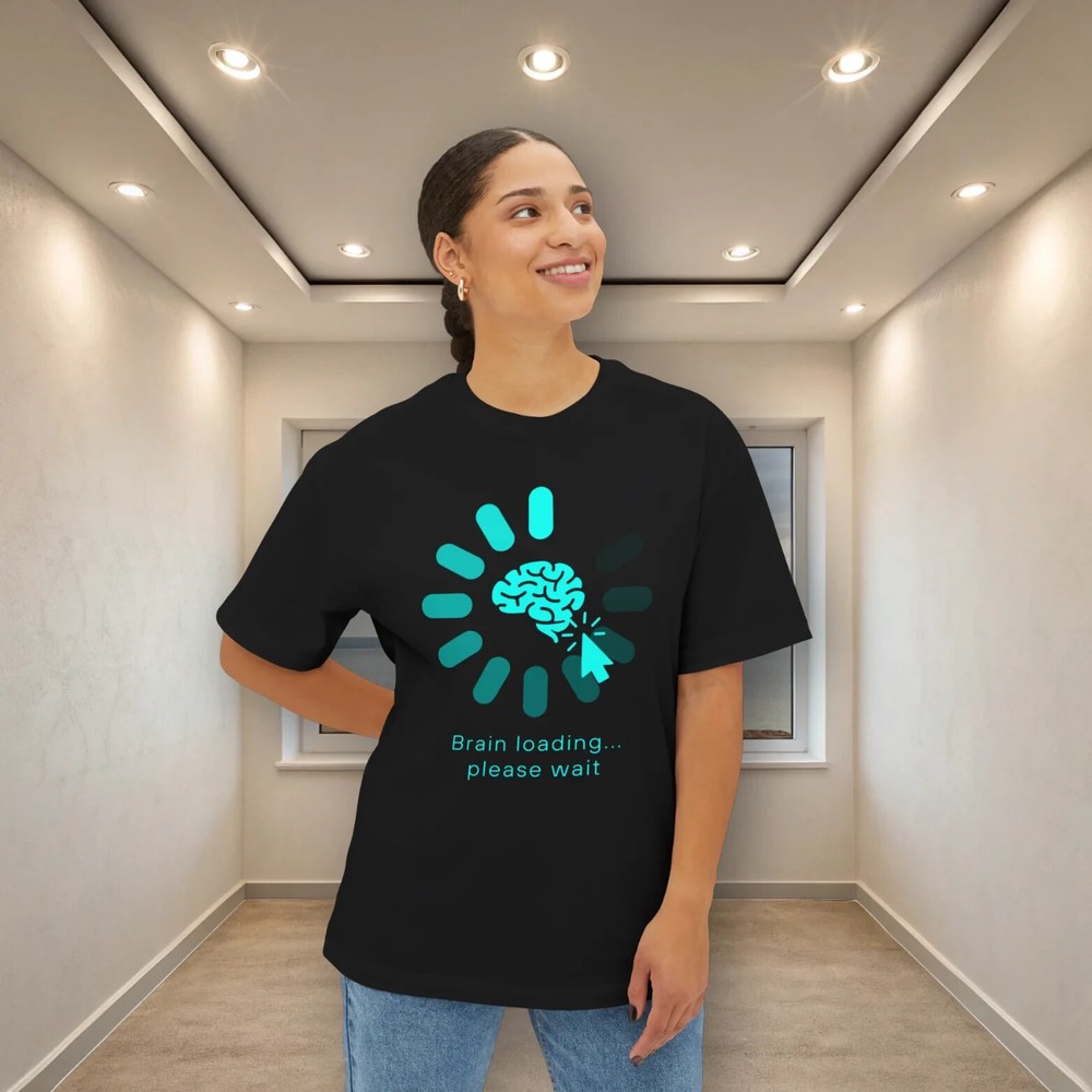 Women's Oversized Black Tee: Glowing Brain & 'Busy Brains Work Here' Graphic