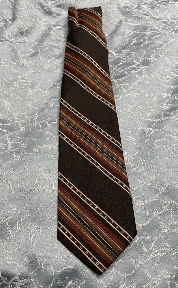 Vintage Hanson Men's Classic Striped Tie Brown Red White Black 100% Polyester