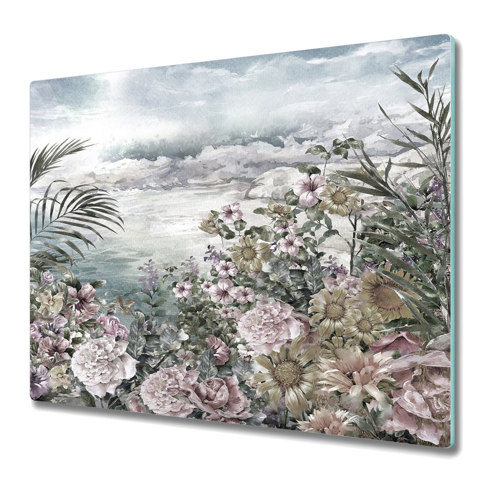 Glass Chopping Cutting Board Worktop Saver Watercolour Meadow Painting 60x52