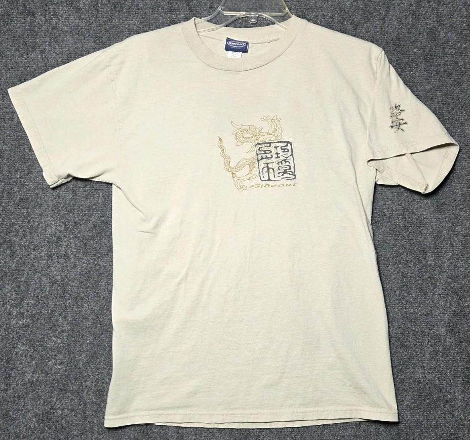 Vintage Sideout Sport Shirt Men's Medium Beige Dragon Logo Made USA Surf 90s