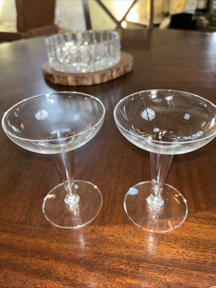 Vintage Crystal Champagne Coupe Hollow Stem Set Of 2 Clear. 5 1/4” Tall 3.5”wide