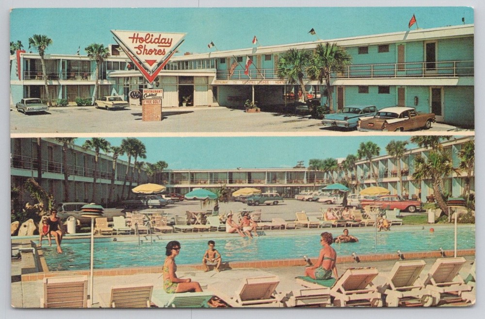 Holiday Shores Motel Daytona Beach FL Postcard Chrome Swimming Pool Cars Vintage