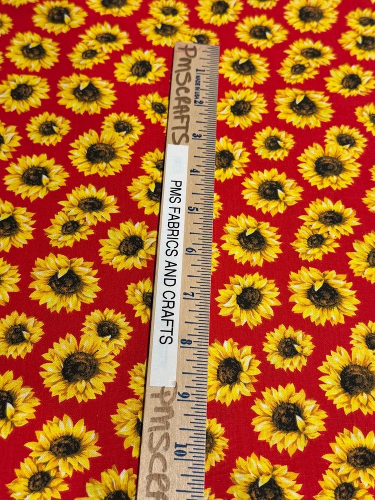 MDG Sunflower Dance on Poppy Red 100% cotton fabric by yard 36 x 44 Sunflowers