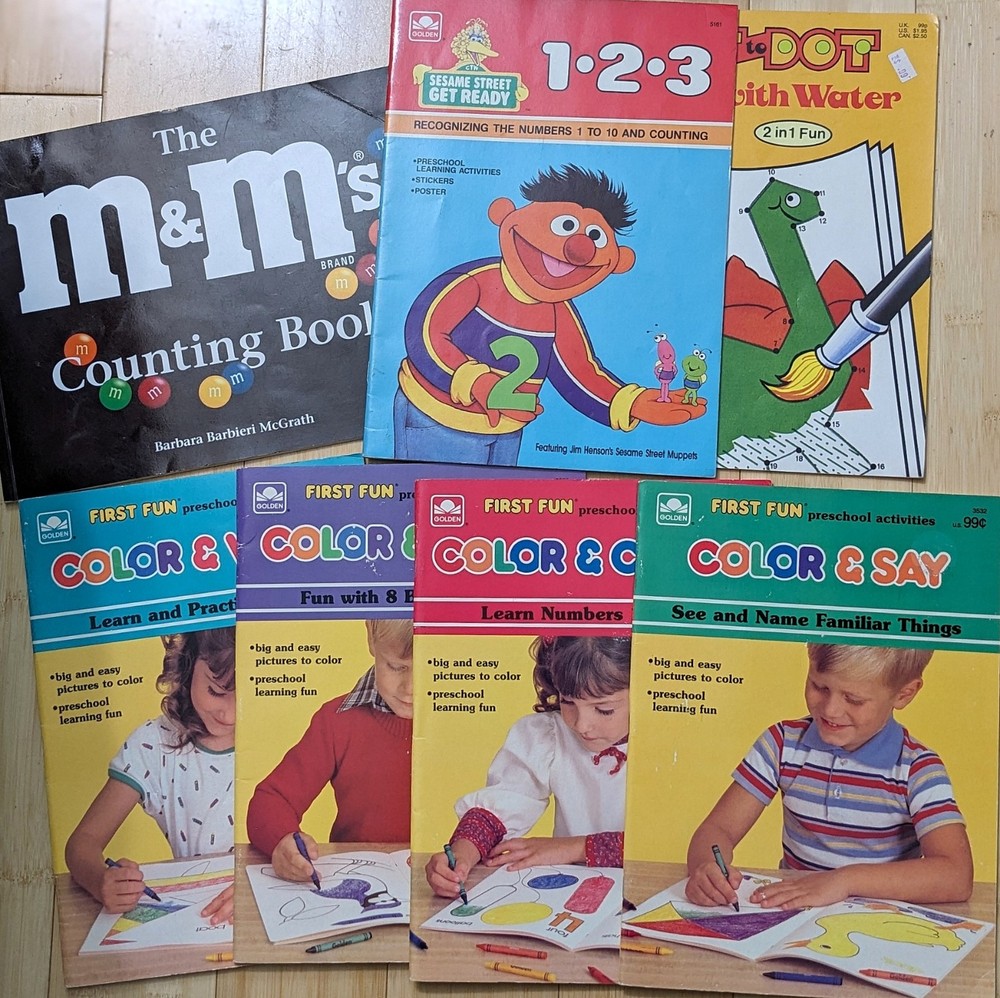7 vintage kids Golden Books, Sesame Street, M&Ms, Coloring, Counting, Paint with