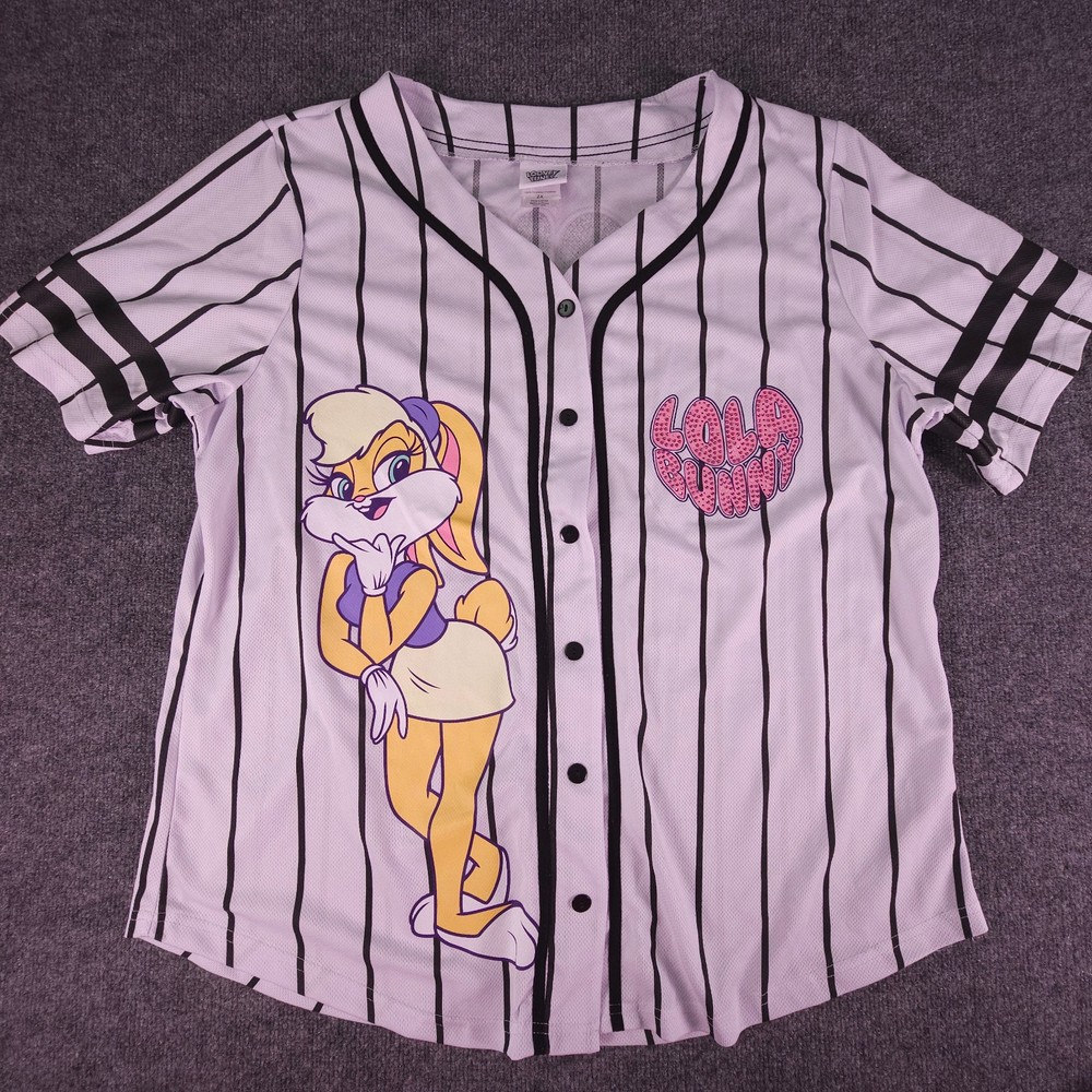 Looney Tunes Baseball Jersey Womens 2XL White Stripe Lola Bunny Graphic Shirt