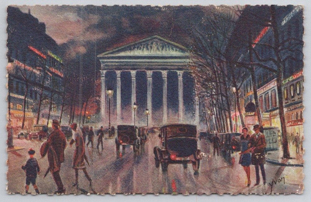 Rue Royale Paris & Madeleine Church Night Scene Vintage French Postcard Yvon