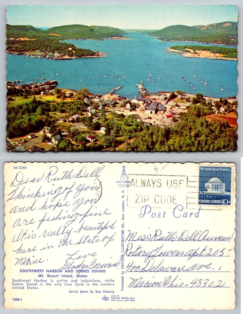 Southwest Harbor Somes Sound Maine Postcard Aerial View Don Sieburg Posted 1970s