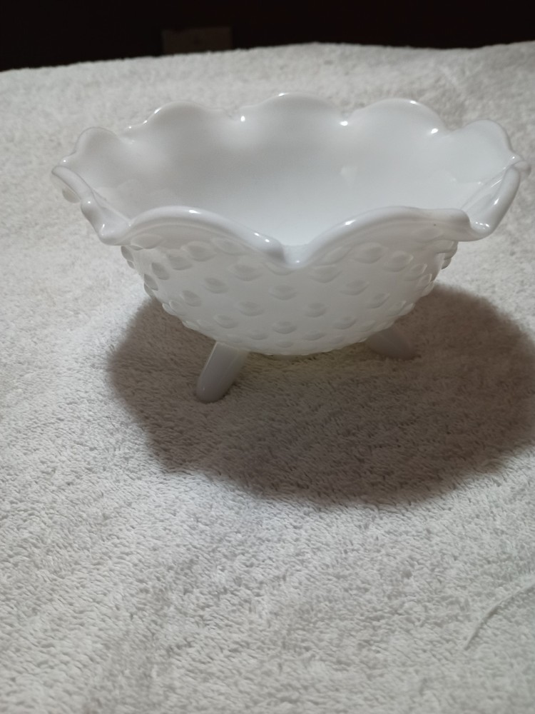 Vintage Hobnail Triple Footed Milk Glass Candy Dish Bowl