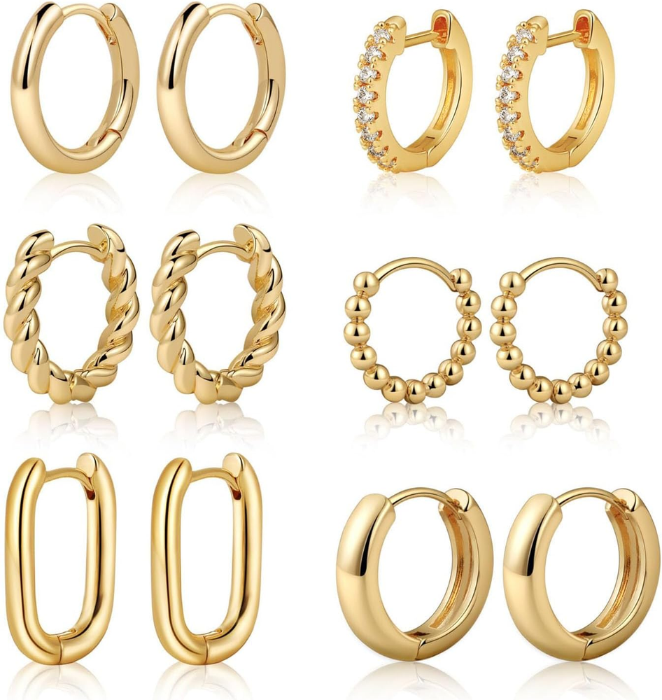 6-Pack 14K Gold Plated Small Huggie Hoop Earrings for Women