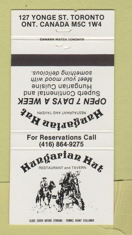 Matchbook Cover - Hungarian Hut Restaurant Toronto ON 30 Strike