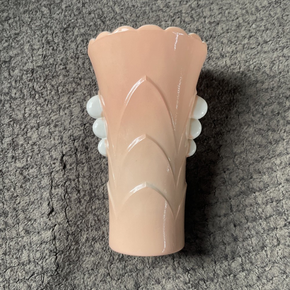 Anchor Hocking VTG Art Deco Style Vase Fire King Pink Peach Vitrock Milk Glass