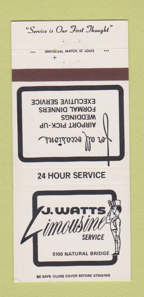 Matchbook Cover - J Watts Limo Service St Louis MO 30 Strike