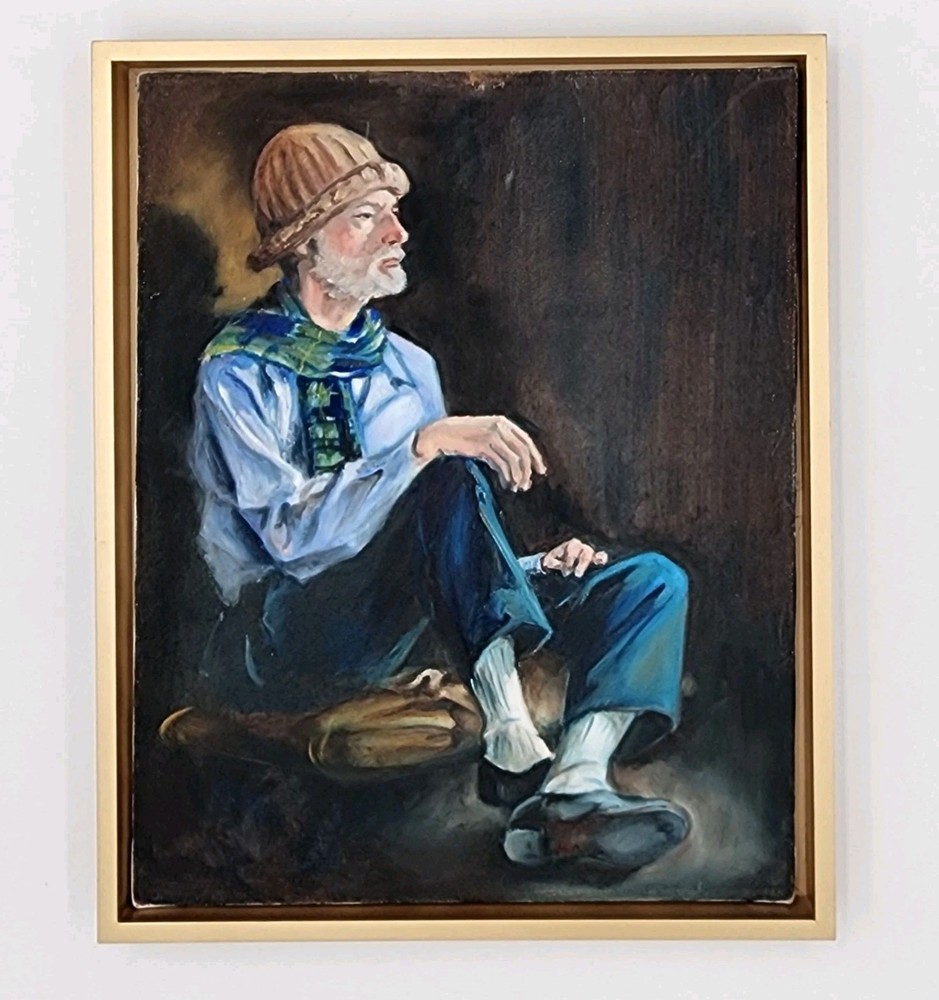 Original Oil Painting Portrait Seated Older Man Blue Scarf & Brown Knit Cap Art