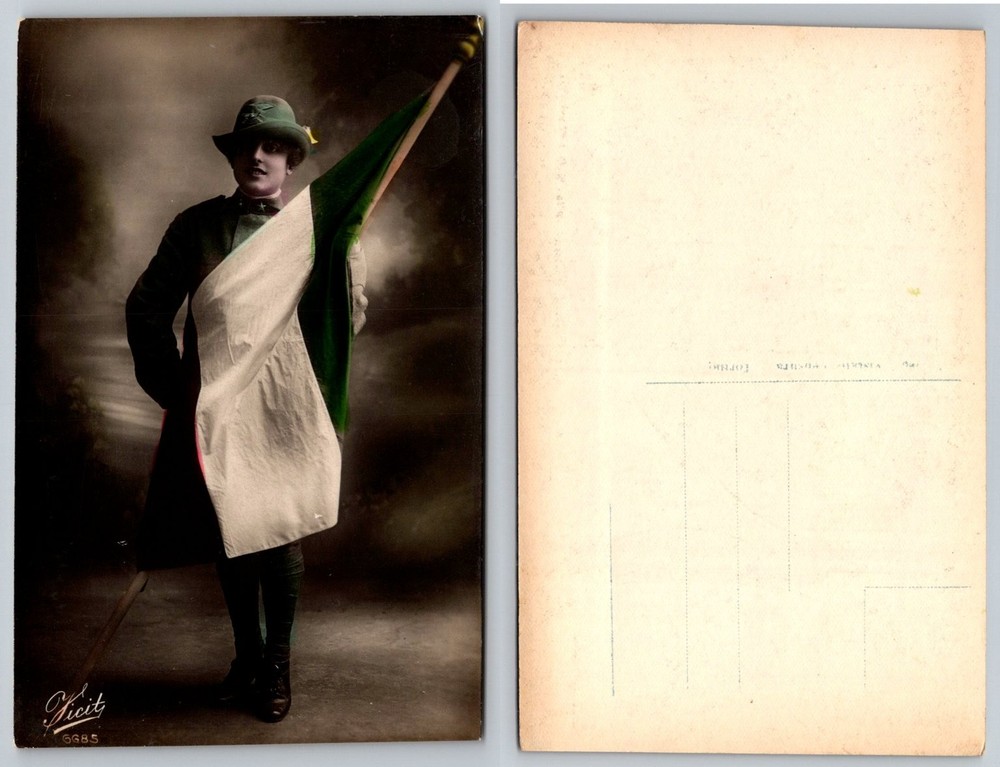 Vintage RPPC Italian Flag Patriot Soldier Uniform Hand-Colored Postcard Kieit