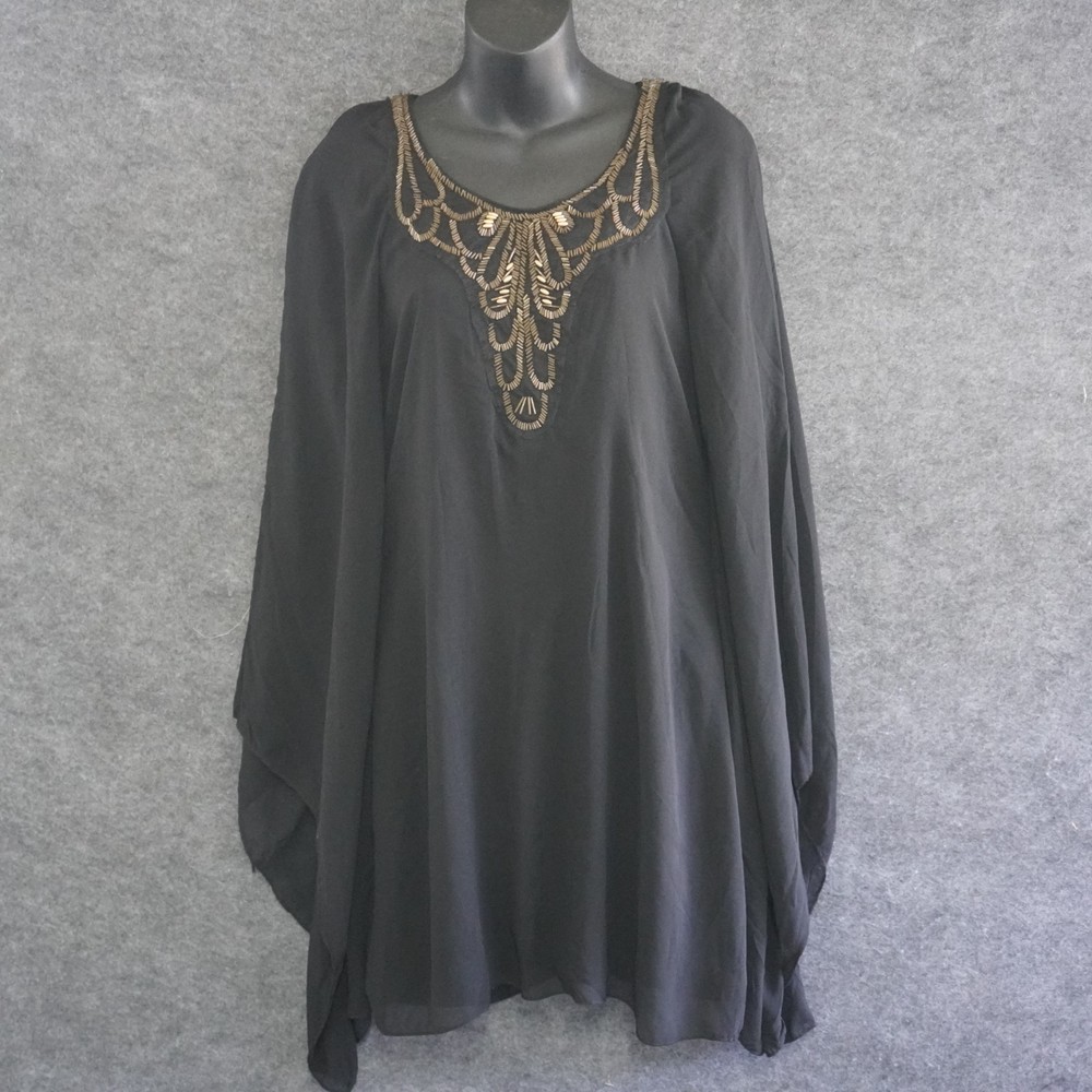 Black Kaftan Tunic Dress Women's Size 8 V-Neck Gold Embellished Boho Dolman Slee