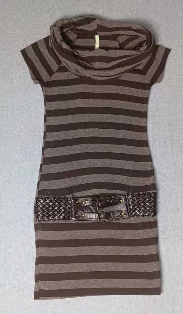 Bella Cowl Neck Sweater Dress Size Medium Brown Stripes Stretch With Belt