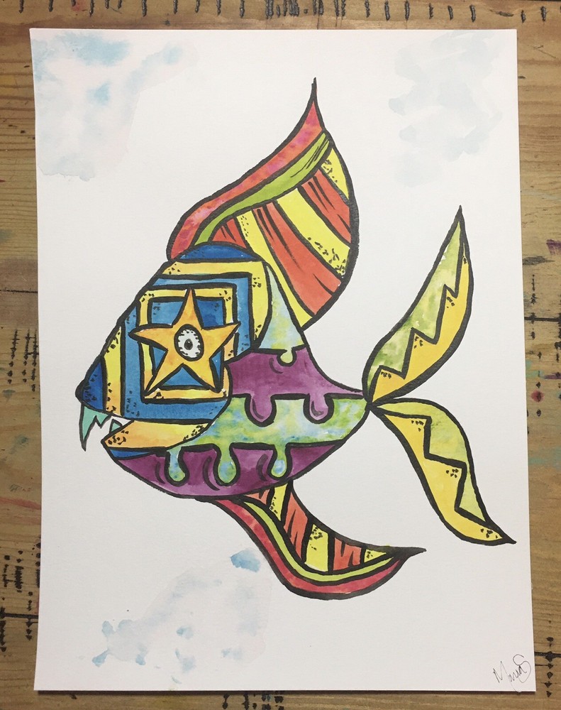 Maria Scalf Fish Angler Pop Art Cubism Street ORIGINAL PAINTING Watercolor 9x12