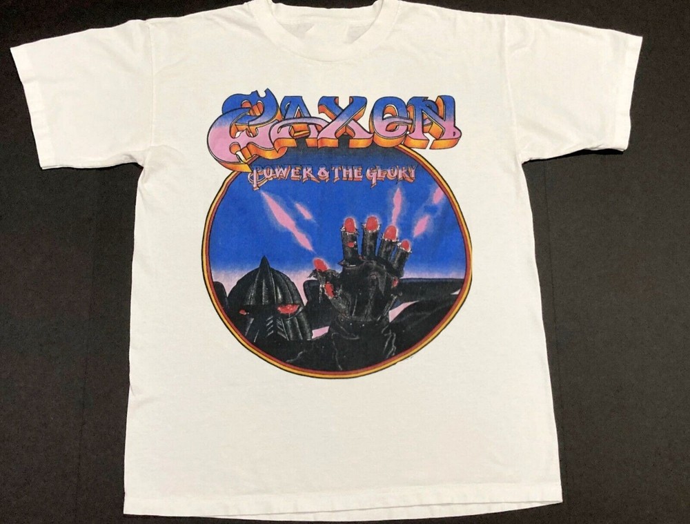 Rare Saxon Band Reprint Cotton Short Sleeve White All Size T-Shirt