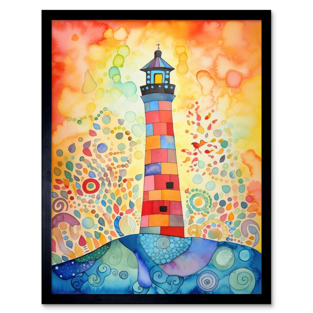 Lighthouse At Sunset Dreamy Modern Folk Art Framed Wall Art Picture Print 12x16