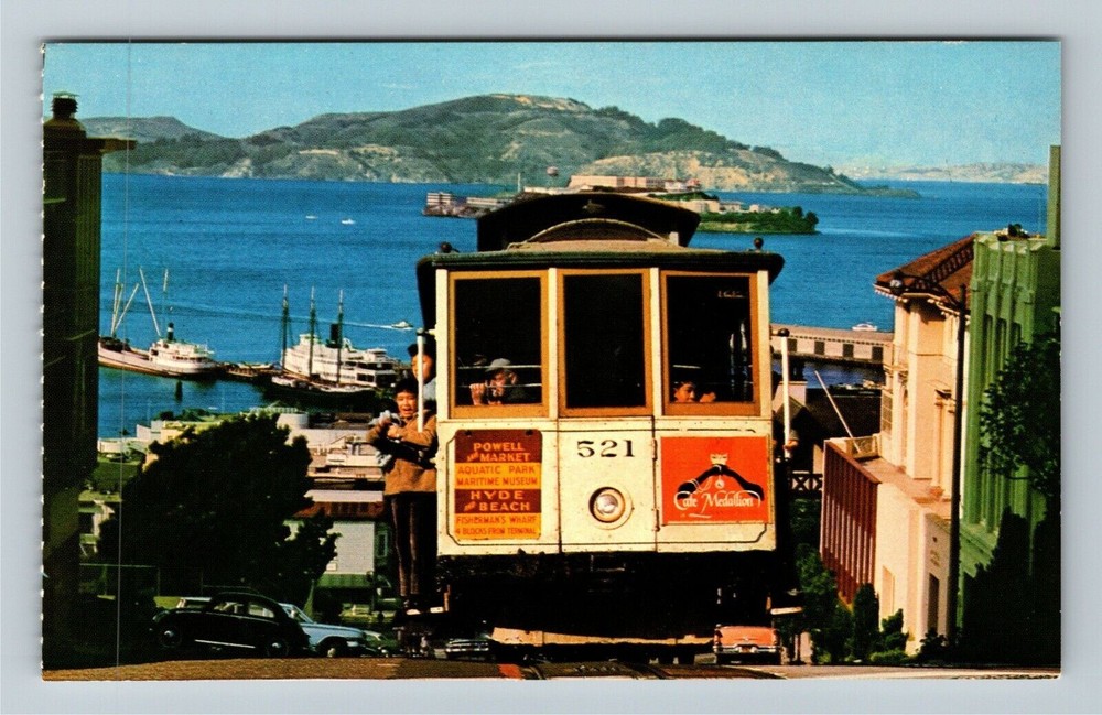 San Francisco CA-California, Cable Car, Alcatraz, Bay, VW Bug Vintage Postcard