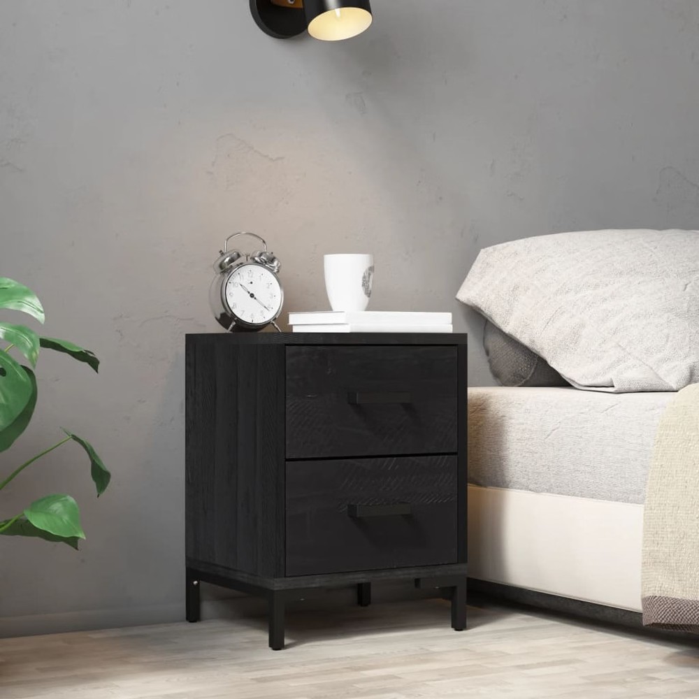 Bedside Cabinet Black Solid pinewood, engineered wood, metal Medium