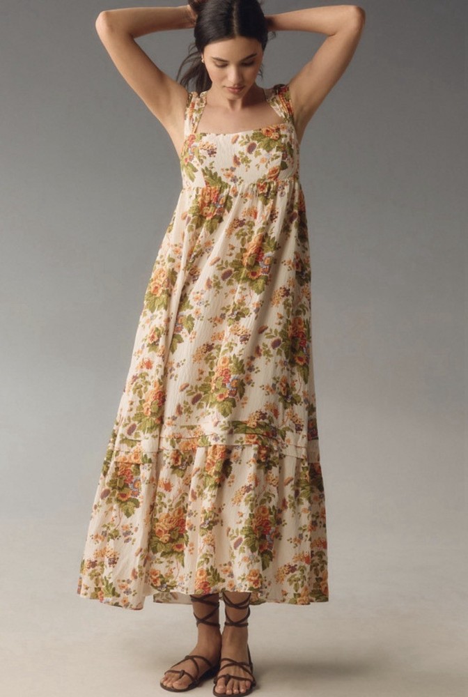NWT Anthropologie Smocked Floral Maxi Dress Boho Cottage Core Flawed
