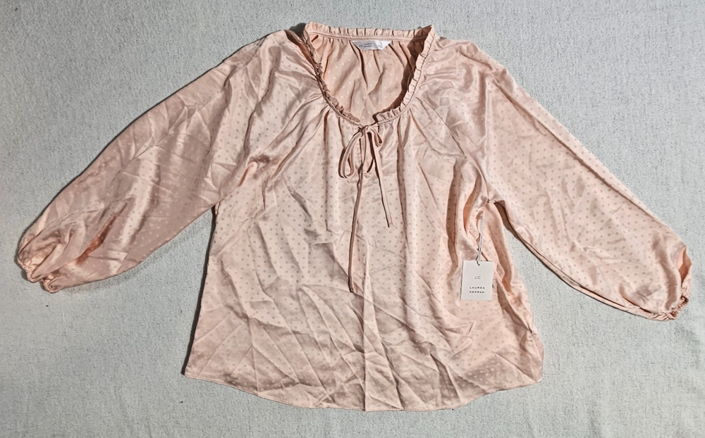 Blouse Peach Polkadots Long Sleeve Tie Women's L By Lauren Conrad MSRP 39.99