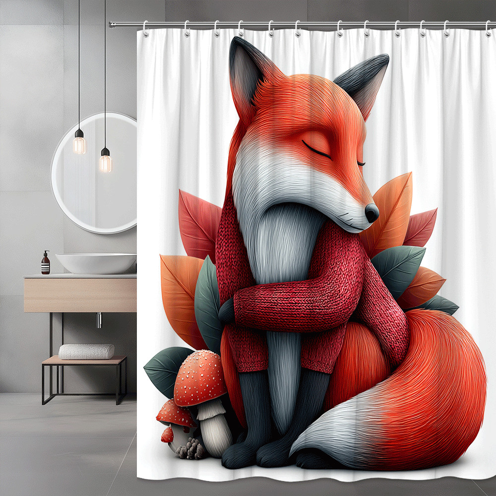 Fox and Mushroom Graphic Shower Curtain Autumn Forest Decor