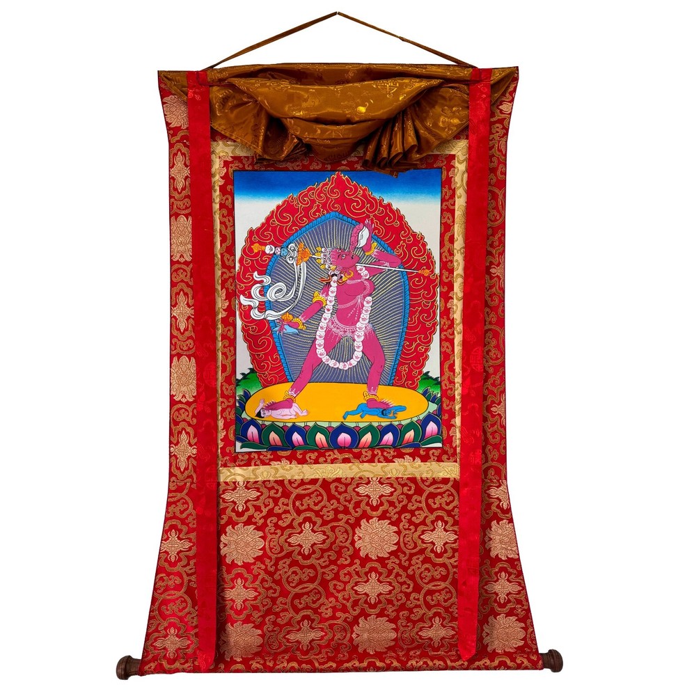 Silk Brocade Vajrayogini Thangka, Handmade Sacred Art for Meditation & Good Luck