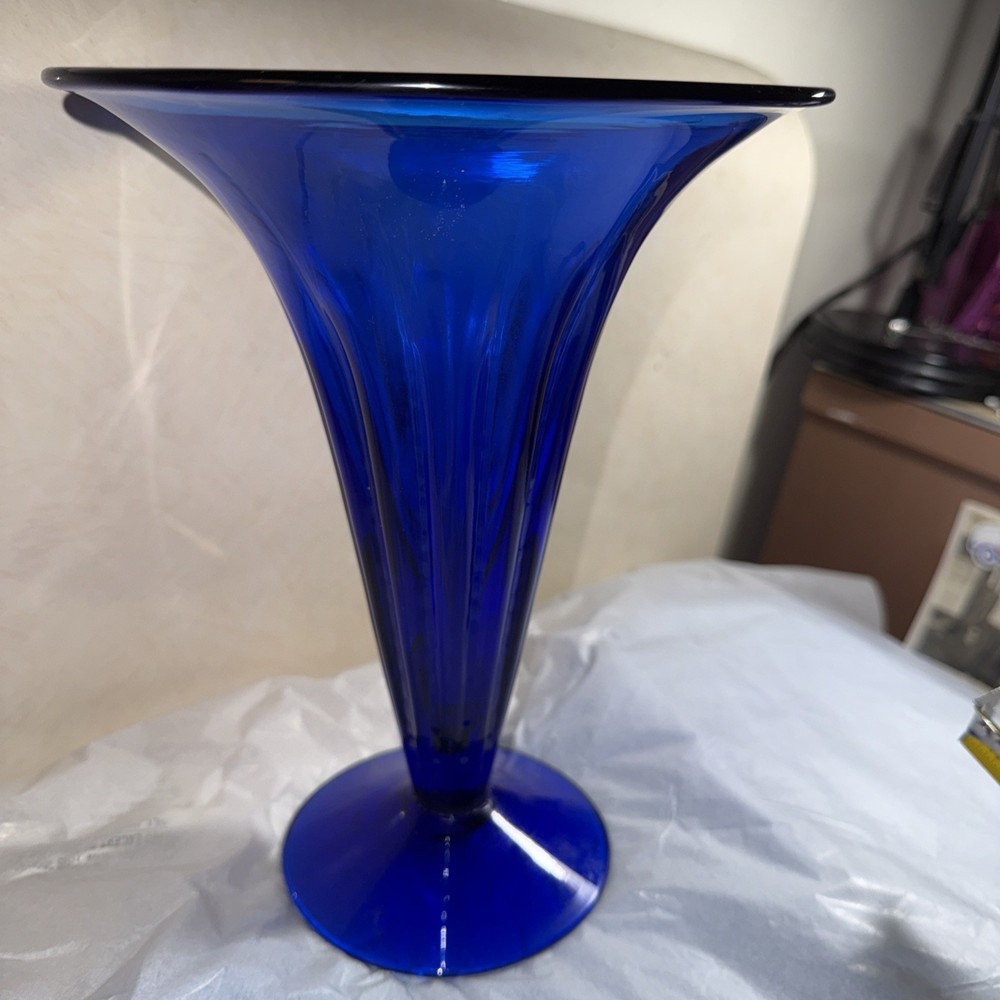 Blenko Vase Trumpet Cobalt Blue Art Glass Vintage 10”