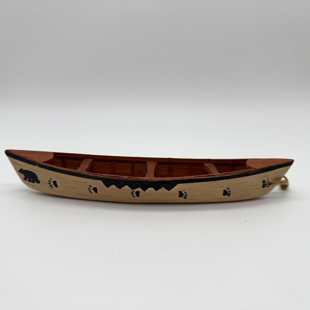 Vintage Wood Canoe Hand Painted Bear Footprints Rustic Lodge Cabin Wall Decor