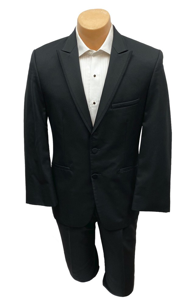 Men's Jean Yves Black Suit Jacket Tuxedo Coat 100% Wool Peak Lapels Size 44R