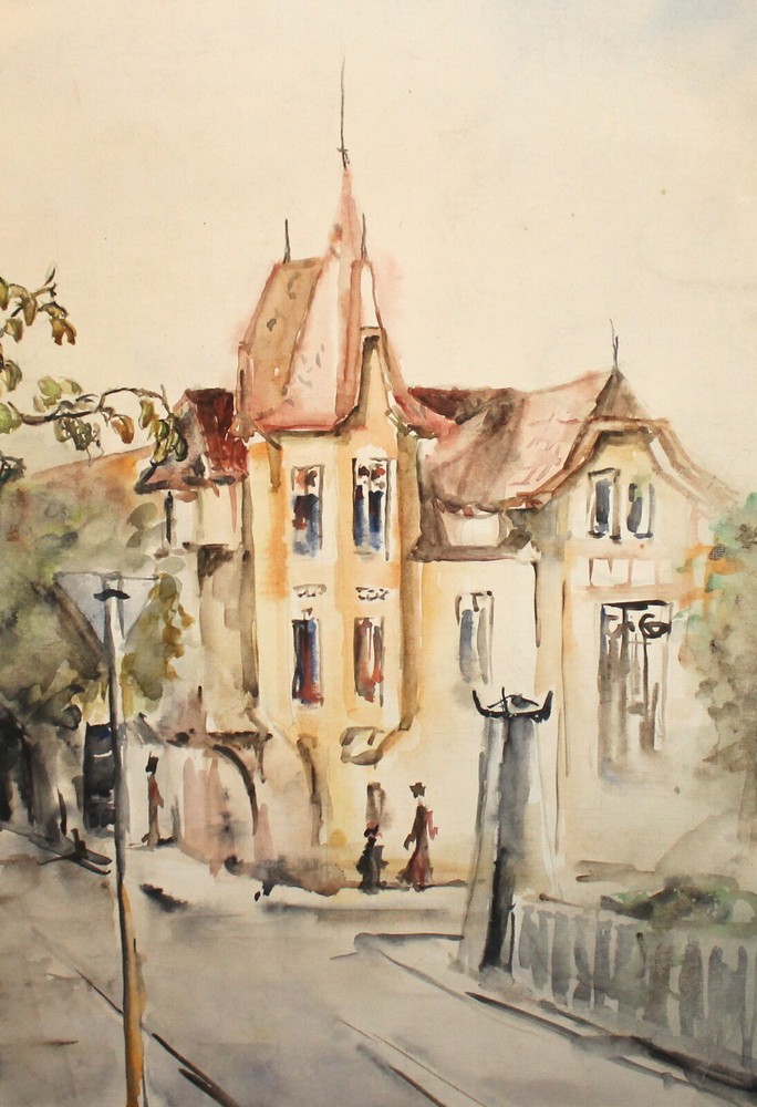 Vintage impressionist waterolor painting cityscape
