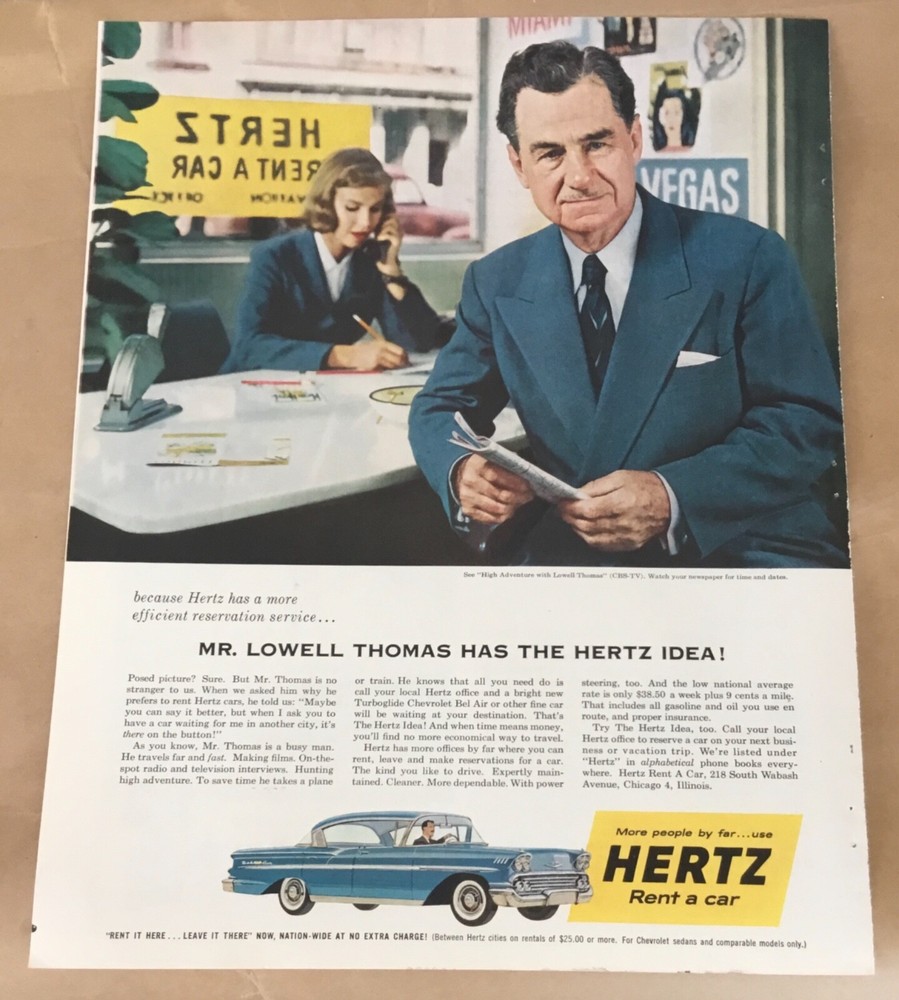 Hertz rental car orig vintage print ad 1958 art 50s decor travel Lowell Thomas