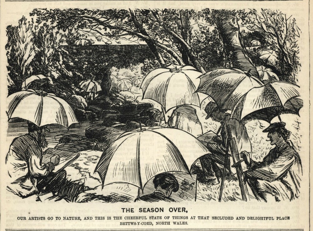 RARE British Painting Cartoon Artist Humor Art Outdoor Scene Umbrellas Betws-y-Coed