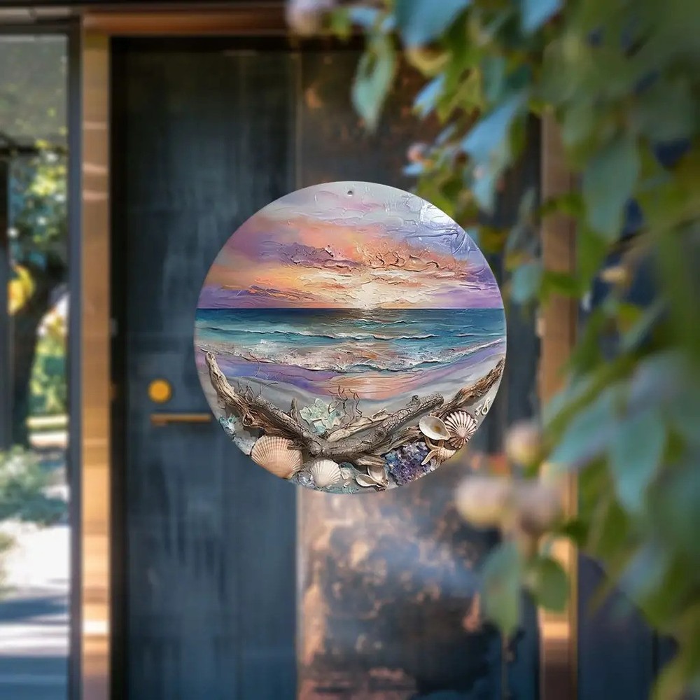 7.87inch Calm Beach Sunset Driftwood Shells Round Aluminum Weatherproof Sign