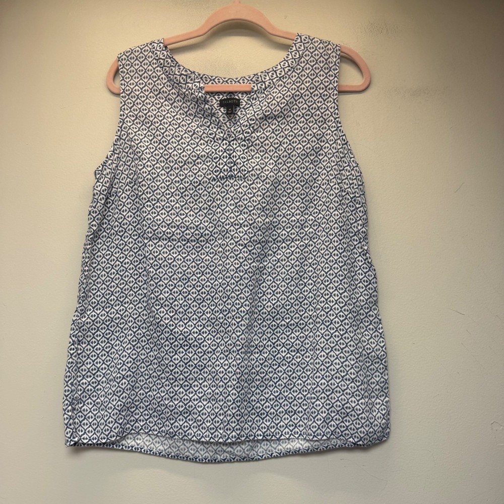 Talbots Linen Sleeveless Top Womens Medium Blue White Excellent Geometric Shell