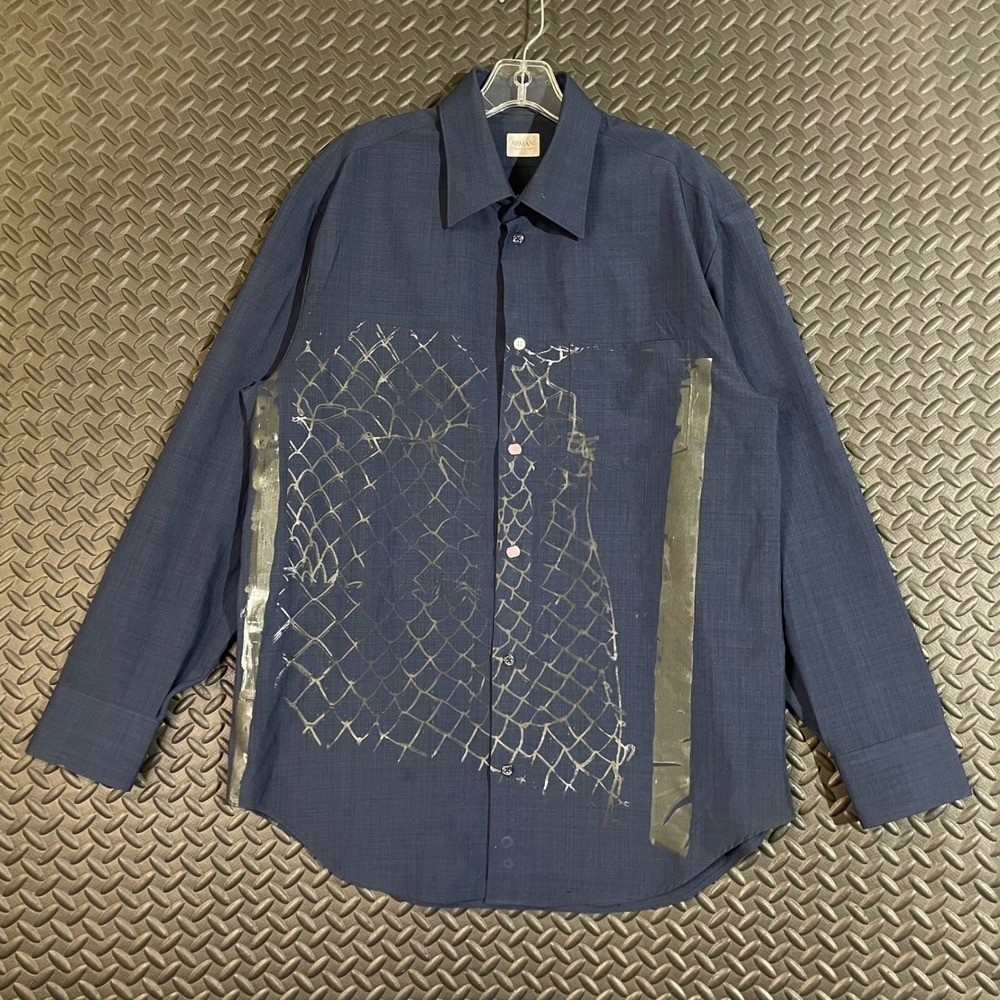 Armani Collezioni Navy Blue Abstract Graphic Print Button Up Shirt Men's Large L-image