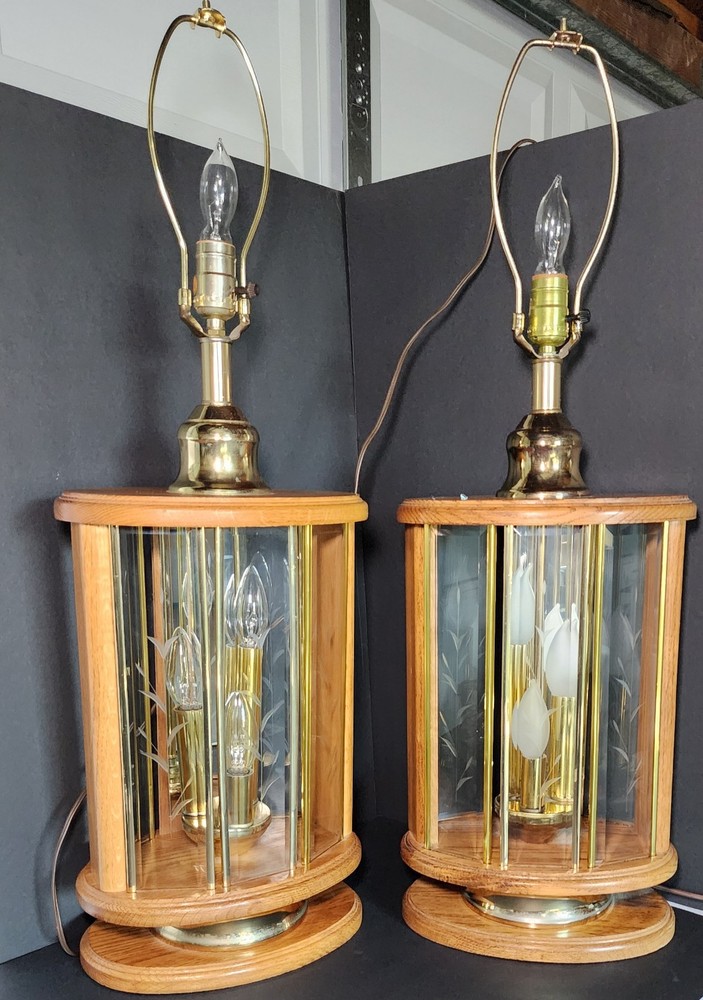 Don Ward Lamps Pair (2) MCM Wood Brass Smoked Etched Glass 3 Candle Base Light