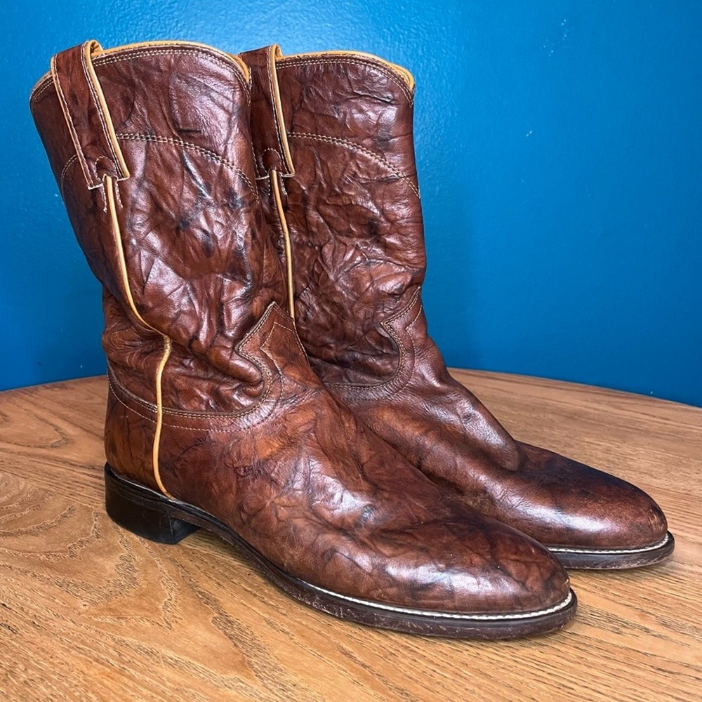 Justin 3163 Brown Marbled Leather Roper Pull-On Boots for Men Size 9.5 Western Cowboy Style
