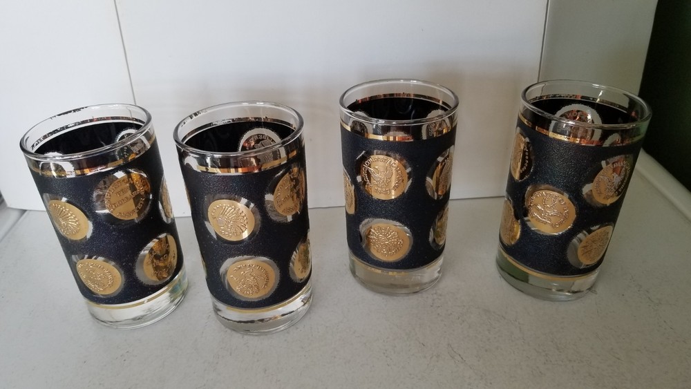 Set Of 4 Vintage Libby Mid Century Black & Gold Coin Tumblers Retro Barware