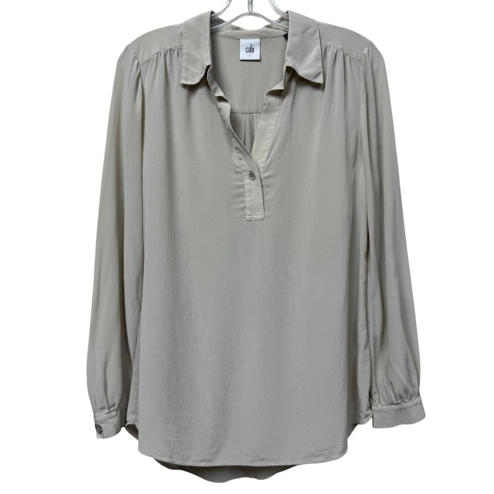 Cabi Tan Long Sleeve Henley Button Front Pullover Blouse Tunic Top S 100% Silk
