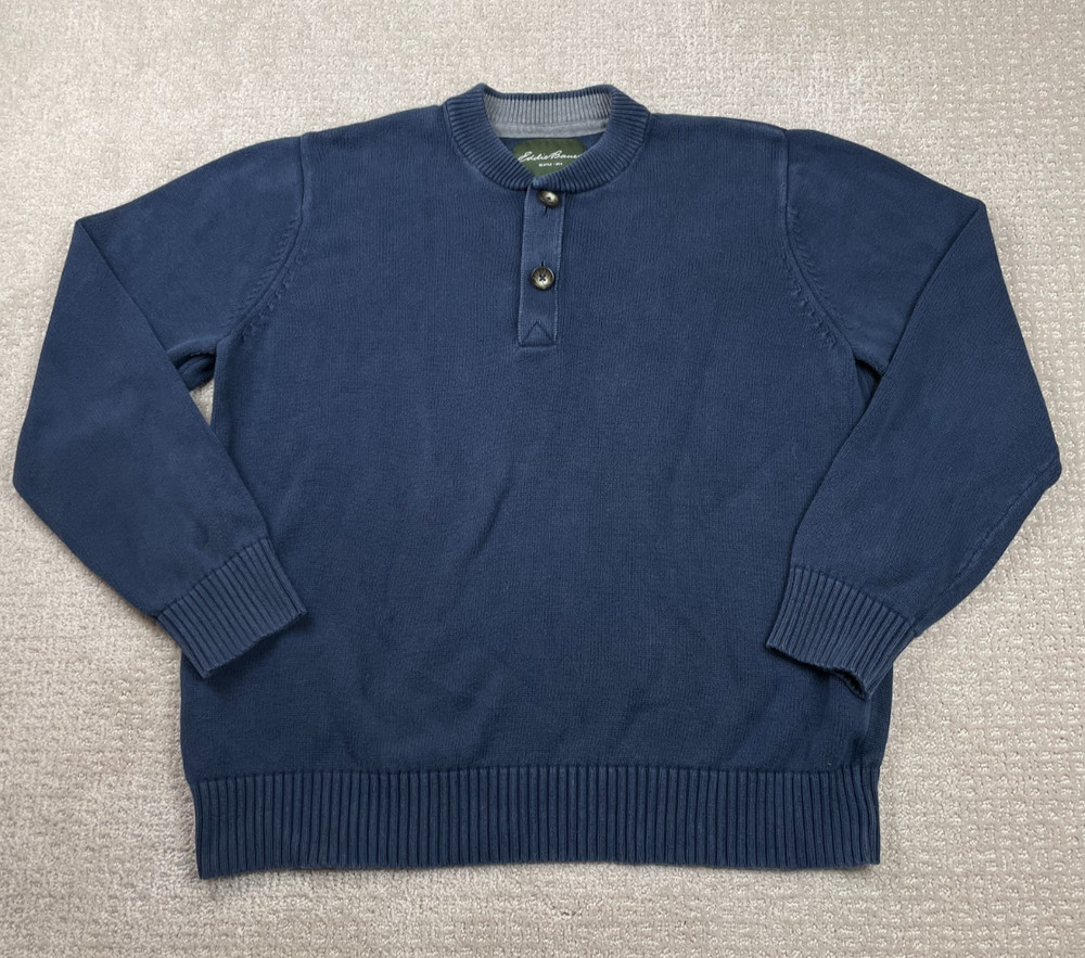 Eddie Bauer Sweater Mens XL Navy Blue Knit Cotton Henley Pullover Long Sleeve