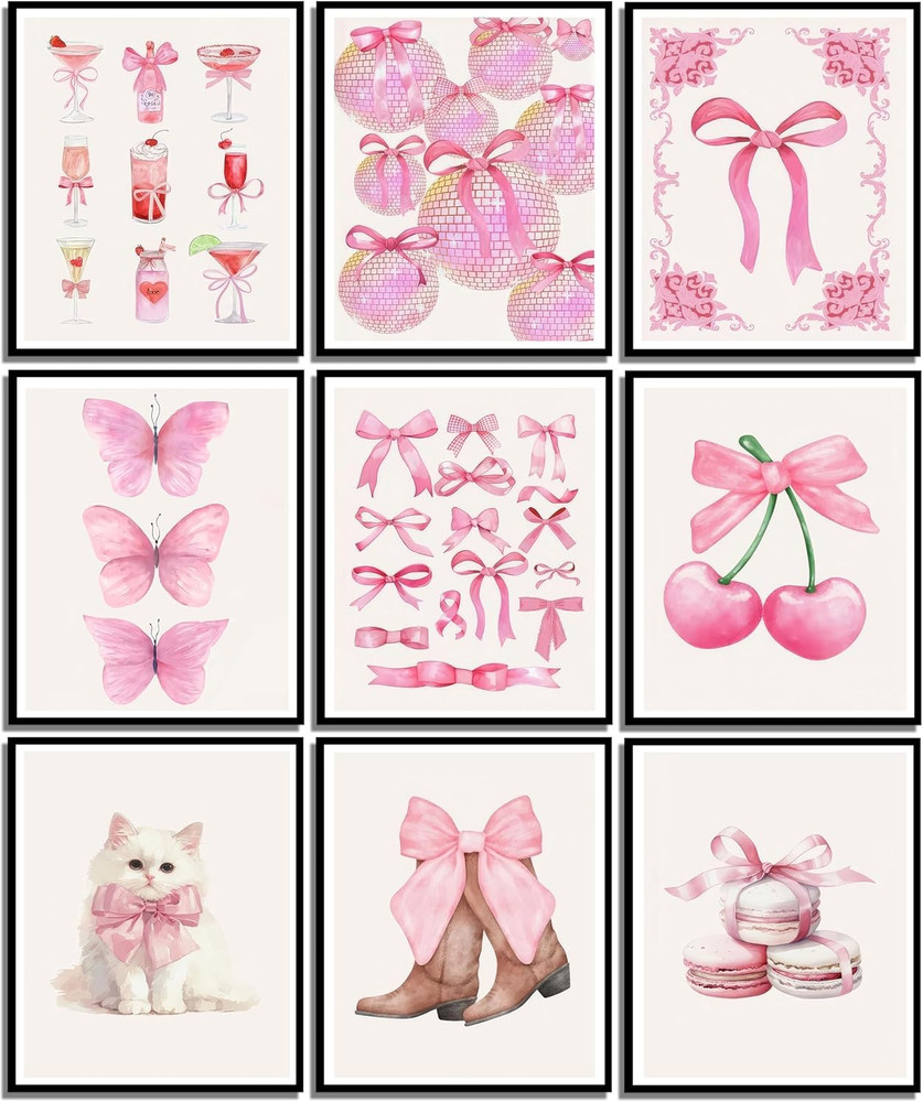9Pcs Pink Bows Canvas Wall Art Trendy Coquette Bow Cute Cat Wall Decor Pictur...