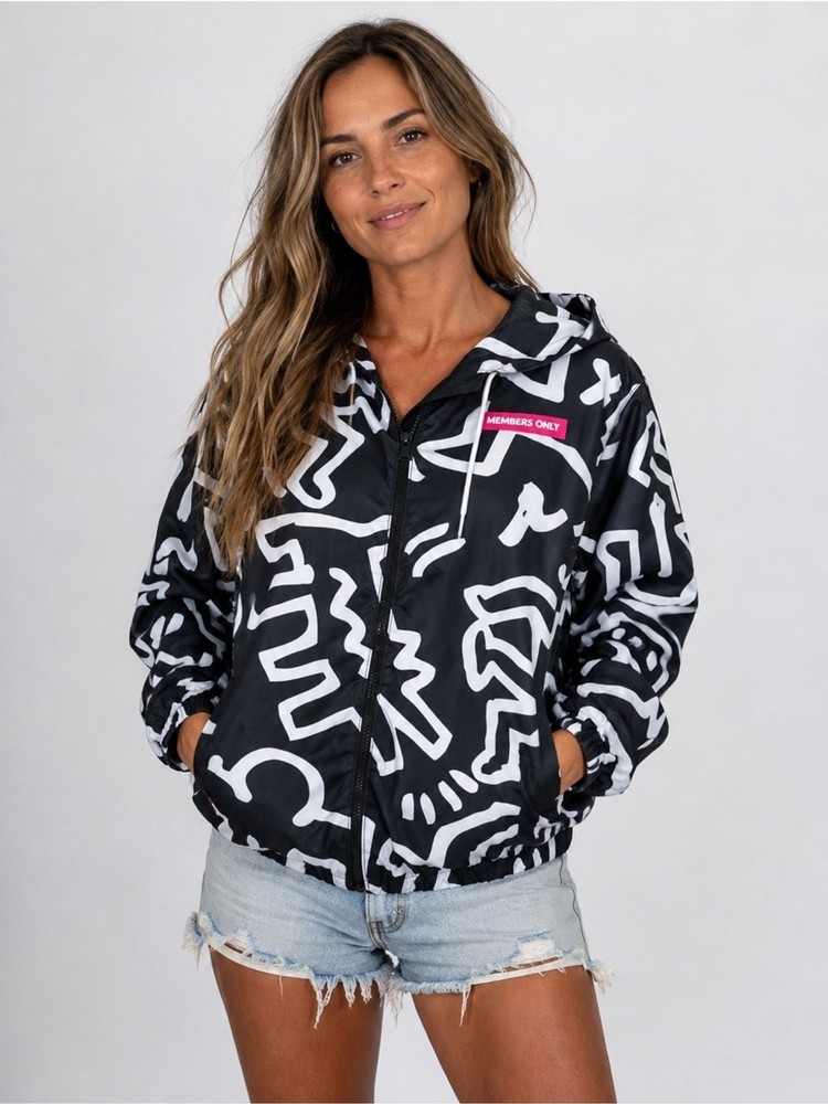 Members Only Keith Haring Abstract Graphic Hooded Zip Jacket Size S-image