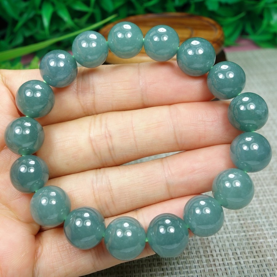 Certified 12mm Green 100% Natural A Jadeite jade Beads Bracelet 手链 7.5“”
