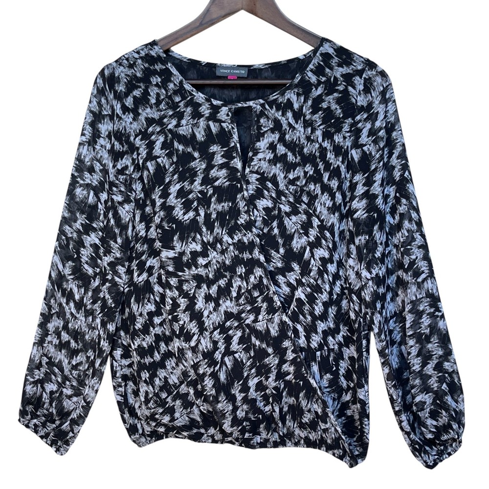 Vince Camuto Womens Black White Abstract Print Surplice Bubble Hem Blouse Small