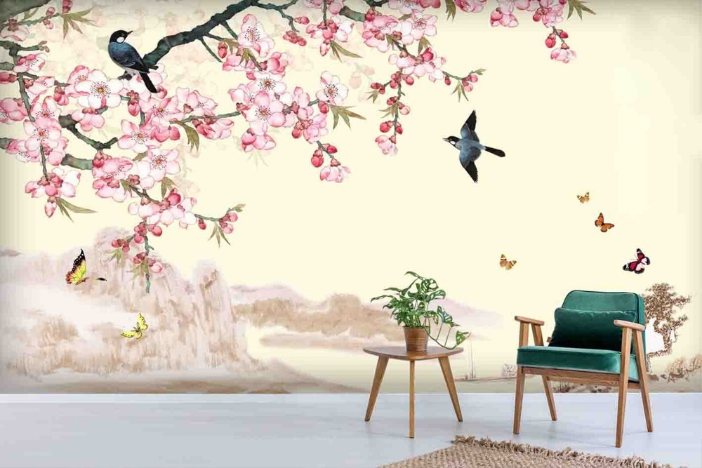 3D Chinese Pink Flower Branch Bird Wall Murals Wallpaper Murals Wall Sticker