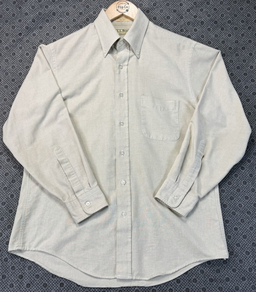 Vintage LL Bean Shirt Mens 15.5 Beige long Sleeve Button Up Pocket
