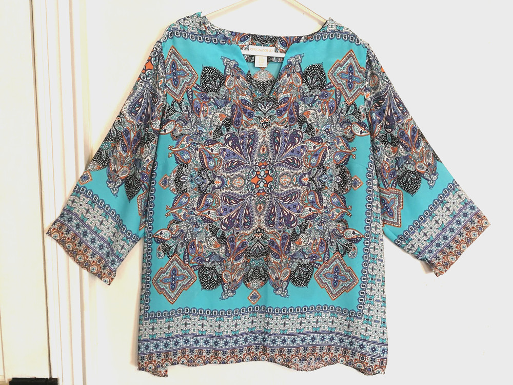 Cynthia Rowley Womens Blouse 2X Plus Paisley Blue V-Neck Top 3/4 Sleeve Boho